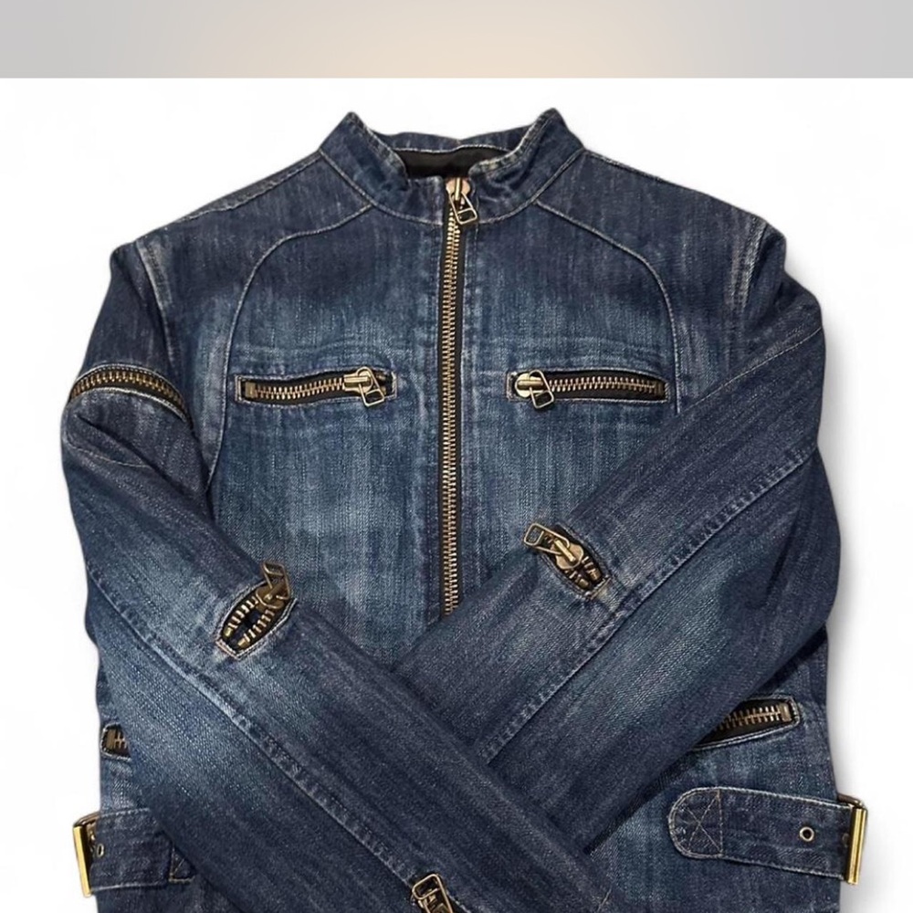 Denim Bomber Jacket with Gold Accents Structured Zip-Detail
